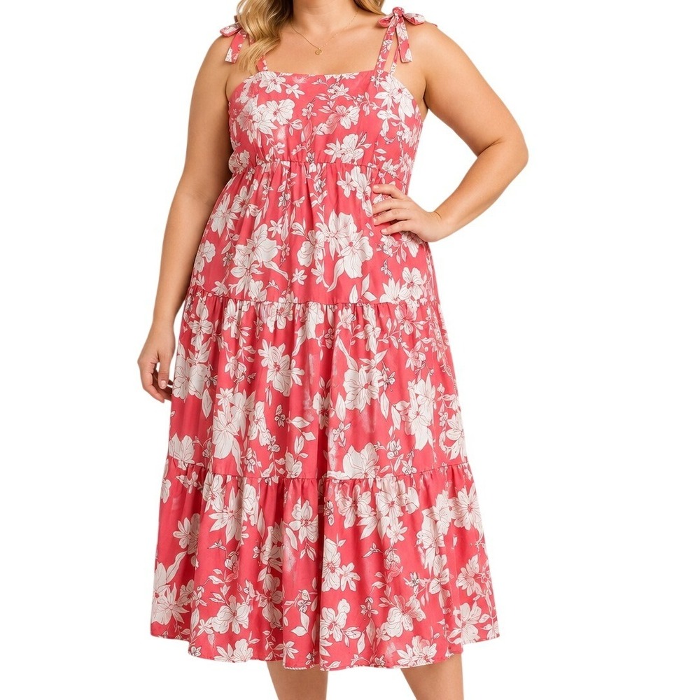 Social Standard by Sanctuary Coral White Floral Tiered Midi Dress Women's XXL